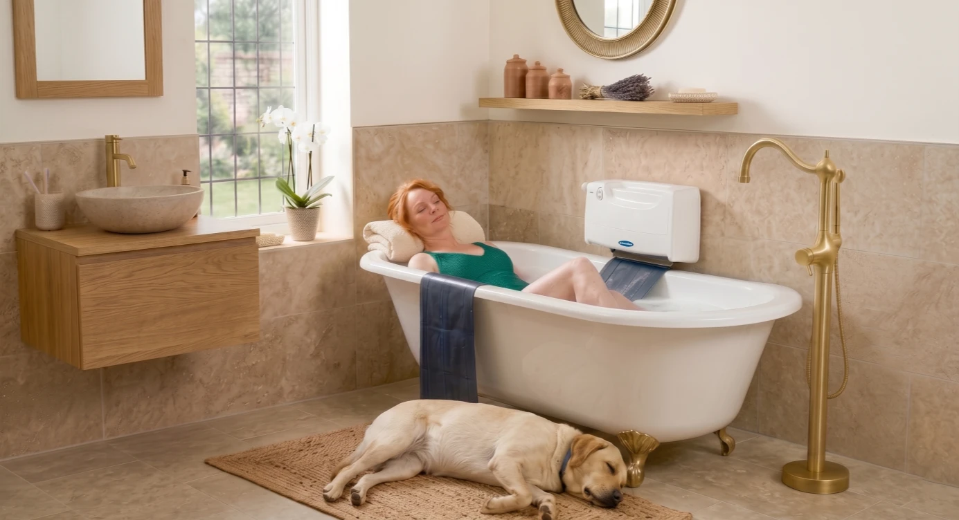 Elegant accessible bathroom with a Victoria bath lift solution